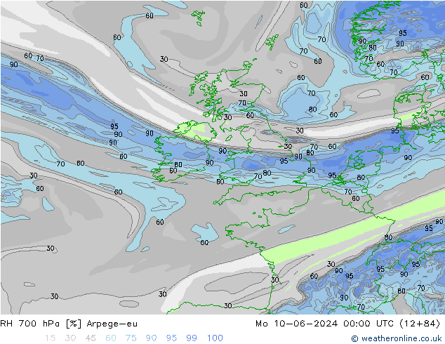 RH 700 hPa Arpege-eu Mo 10.06.2024 00 UTC