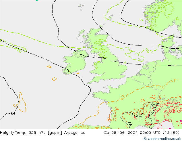 Height/Temp. 925 hPa Arpege-eu Su 09.06.2024 09 UTC