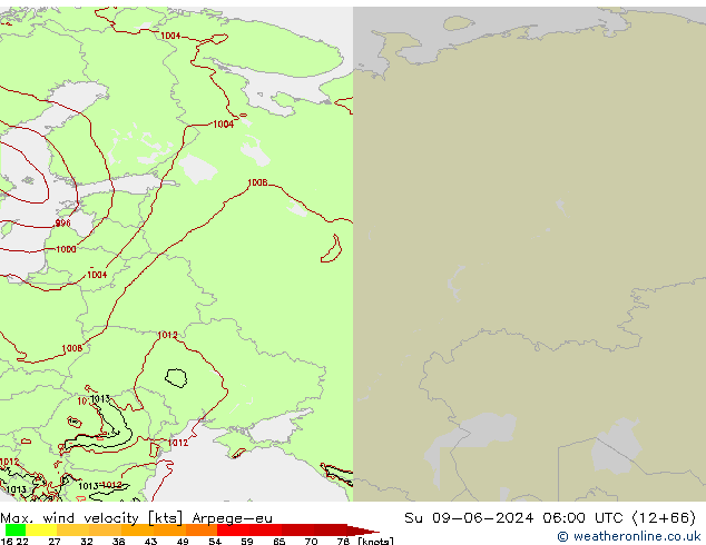 Max. wind velocity Arpege-eu Su 09.06.2024 06 UTC