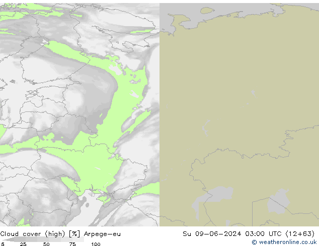 Cloud cover (high) Arpege-eu Su 09.06.2024 03 UTC