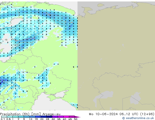 Precipitação (6h) Arpege-eu Seg 10.06.2024 12 UTC