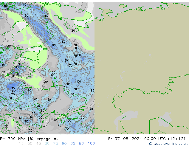 RH 700 hPa Arpege-eu Pá 07.06.2024 00 UTC