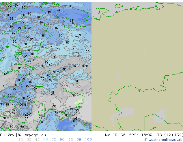 RH 2m Arpege-eu Mo 10.06.2024 18 UTC