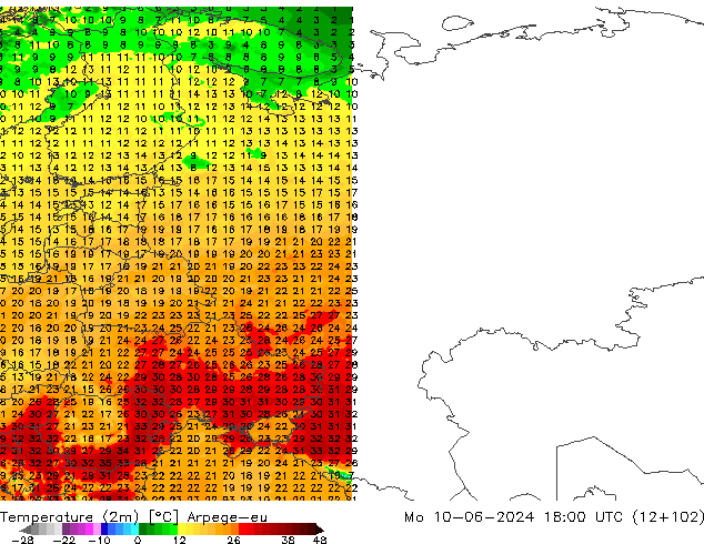 température (2m) Arpege-eu lun 10.06.2024 18 UTC