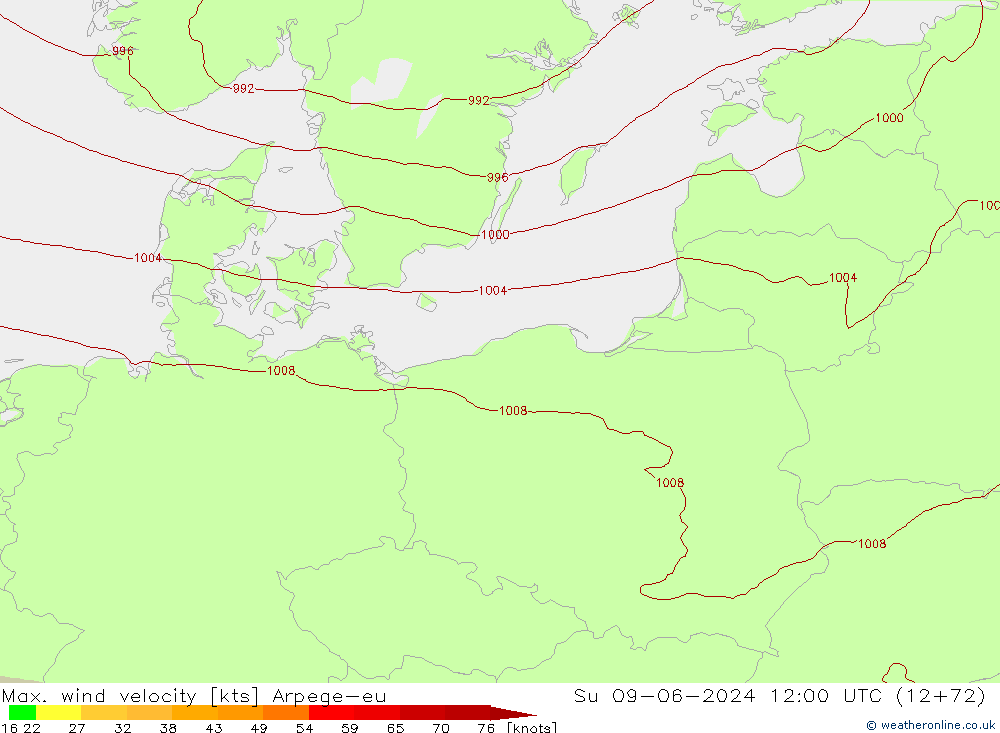 Max. wind velocity Arpege-eu  09.06.2024 12 UTC