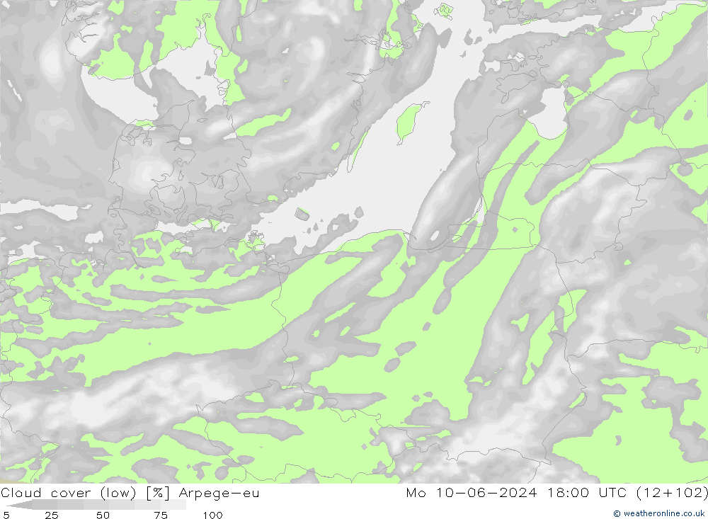 Cloud cover (low) Arpege-eu Mo 10.06.2024 18 UTC