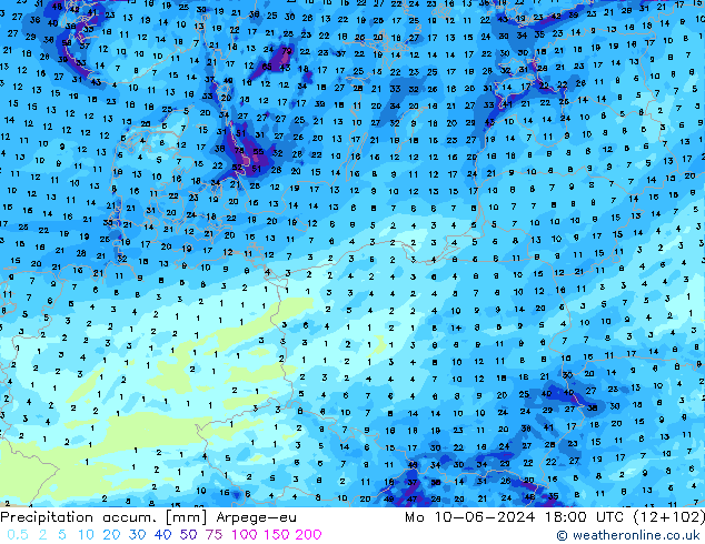 Precipitation accum. Arpege-eu Mo 10.06.2024 18 UTC