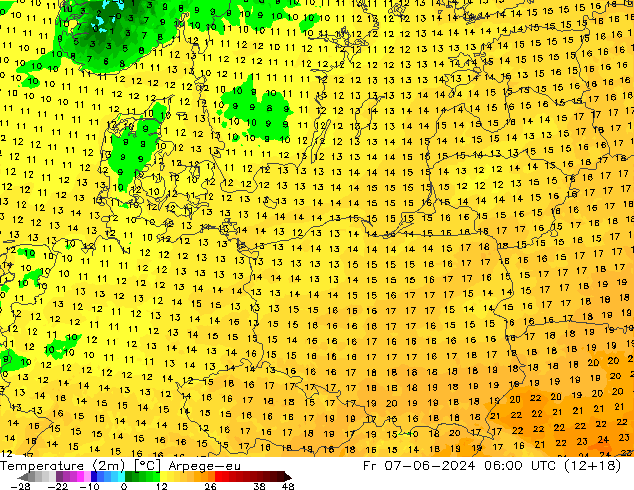 карта температуры Arpege-eu пт 07.06.2024 06 UTC