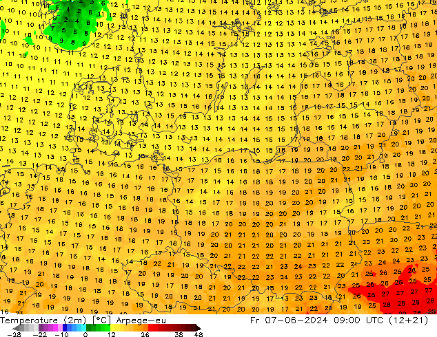 température (2m) Arpege-eu ven 07.06.2024 09 UTC