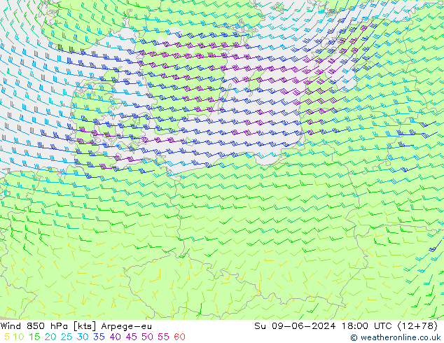 Vento 850 hPa Arpege-eu dom 09.06.2024 18 UTC