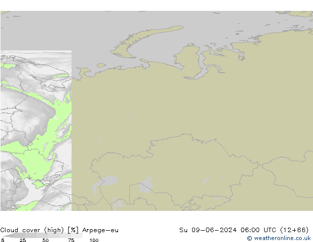 Cloud cover (high) Arpege-eu Su 09.06.2024 06 UTC