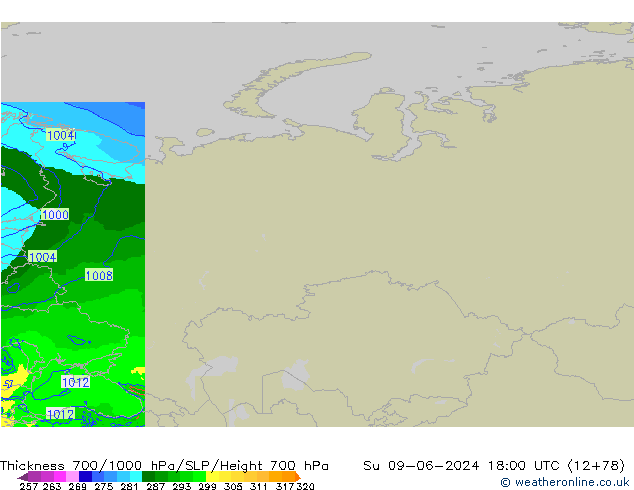 Thck 700-1000 hPa Arpege-eu Su 09.06.2024 18 UTC