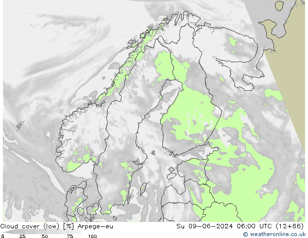 Cloud cover (low) Arpege-eu Su 09.06.2024 06 UTC
