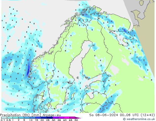 Precipitazione (6h) Arpege-eu sab 08.06.2024 06 UTC