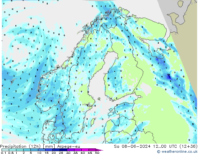 Totale neerslag (12h) Arpege-eu za 08.06.2024 00 UTC