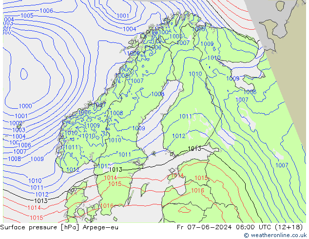 Atmosférický tlak Arpege-eu Pá 07.06.2024 06 UTC