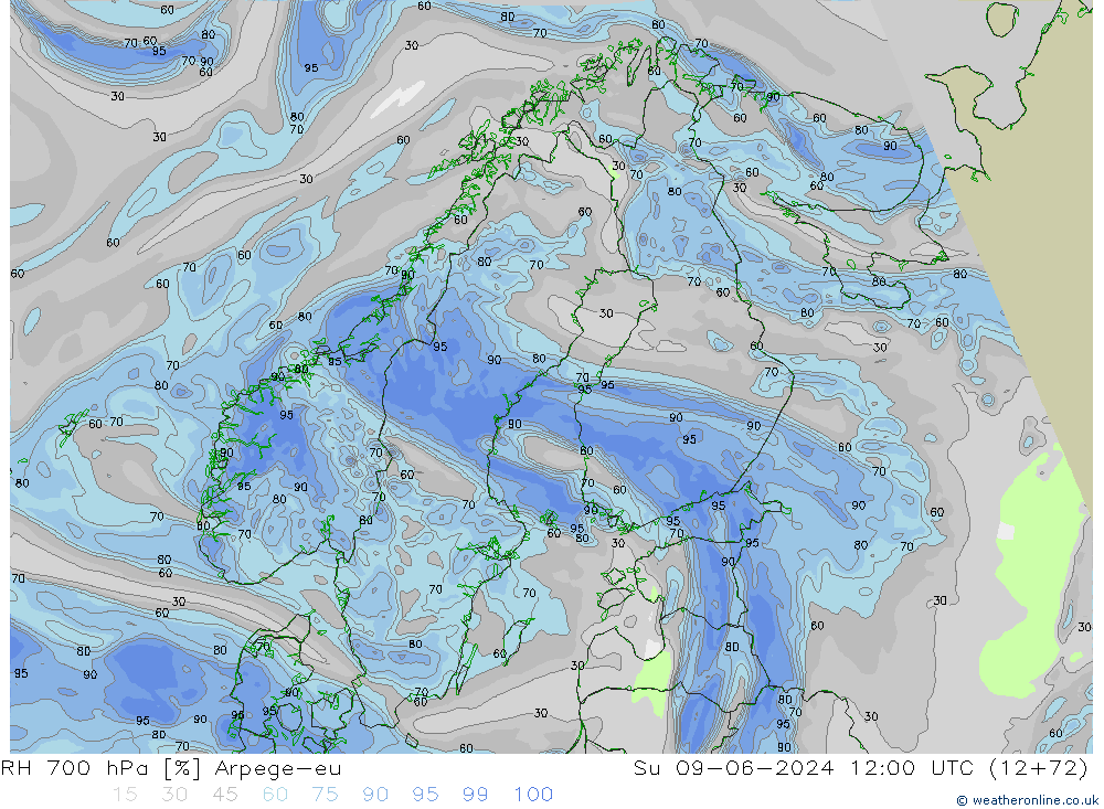 RH 700 hPa Arpege-eu Su 09.06.2024 12 UTC