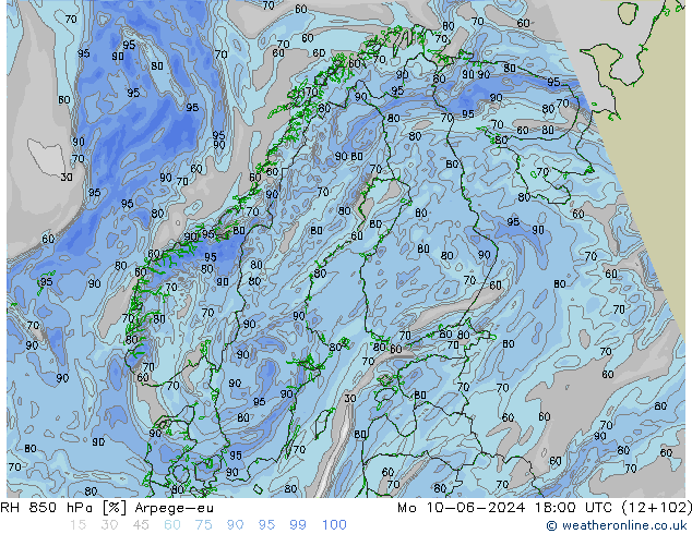 RH 850 hPa Arpege-eu Po 10.06.2024 18 UTC