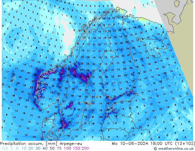 Precipitation accum. Arpege-eu Seg 10.06.2024 18 UTC