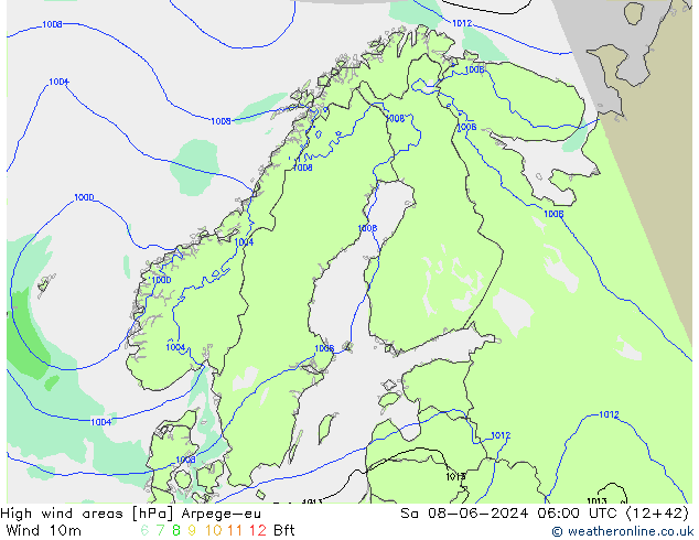 High wind areas Arpege-eu Sa 08.06.2024 06 UTC