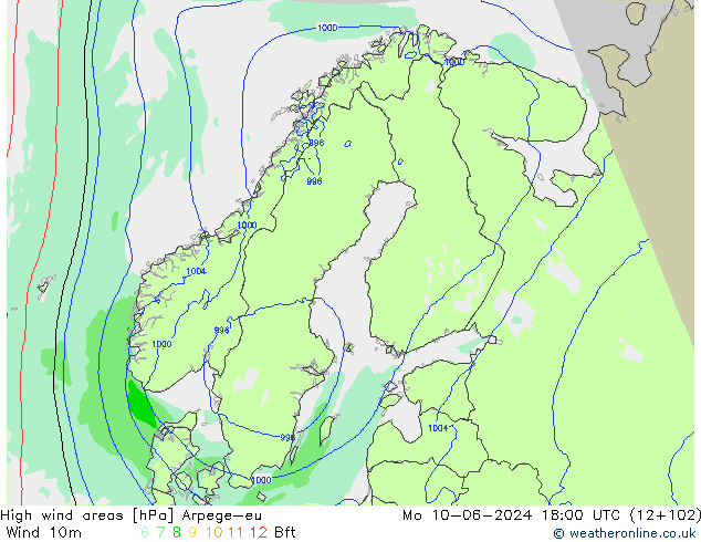 High wind areas Arpege-eu Po 10.06.2024 18 UTC