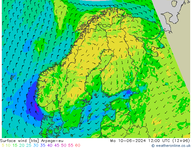 Surface wind Arpege-eu Mo 10.06.2024 12 UTC