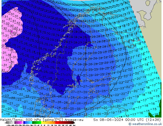 Hoogte/Temp. 500 hPa Arpege-eu za 08.06.2024 00 UTC