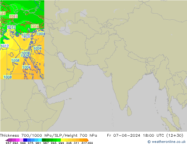 Thck 700-1000 гПа Arpege-eu пт 07.06.2024 18 UTC