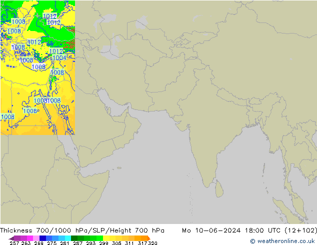 Schichtdicke 700-1000 hPa Arpege-eu Mo 10.06.2024 18 UTC