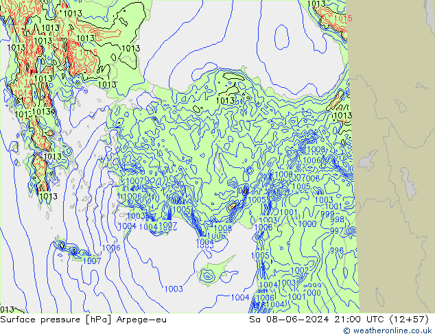 Atmosférický tlak Arpege-eu So 08.06.2024 21 UTC