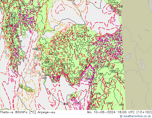 Theta-e 850hPa Arpege-eu lun 10.06.2024 18 UTC