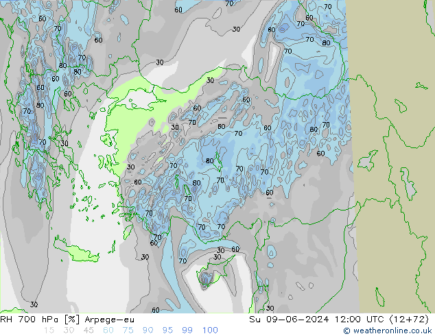 Humidité rel. 700 hPa Arpege-eu dim 09.06.2024 12 UTC