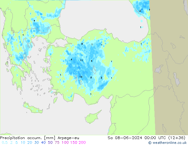 Precipitation accum. Arpege-eu Sáb 08.06.2024 00 UTC