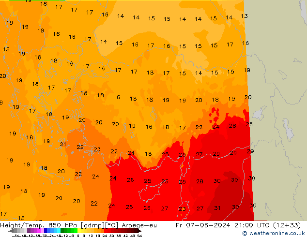 Height/Temp. 850 hPa Arpege-eu Fr 07.06.2024 21 UTC