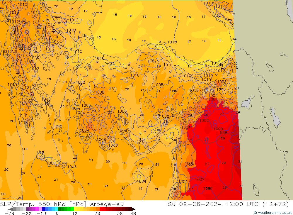 SLP/Temp. 850 hPa Arpege-eu nie. 09.06.2024 12 UTC