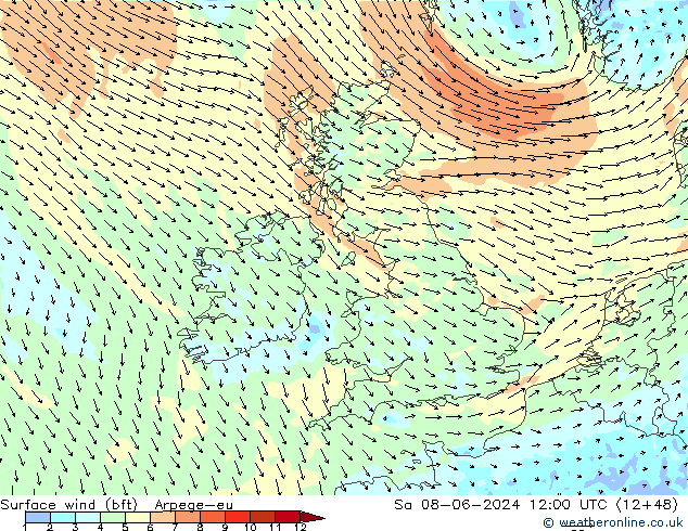 Surface wind (bft) Arpege-eu Sa 08.06.2024 12 UTC