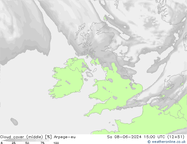 Cloud cover (middle) Arpege-eu Sa 08.06.2024 15 UTC
