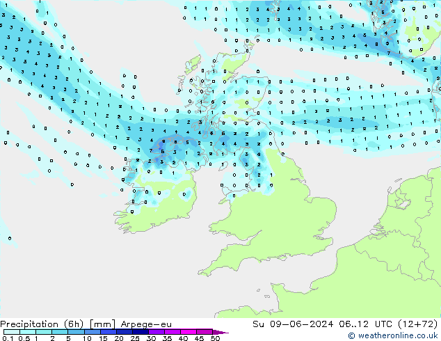 Precipitazione (6h) Arpege-eu dom 09.06.2024 12 UTC