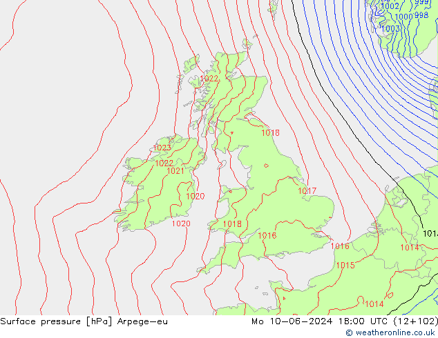 Surface pressure Arpege-eu Mo 10.06.2024 18 UTC