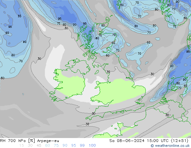 RH 700 hPa Arpege-eu Sa 08.06.2024 15 UTC