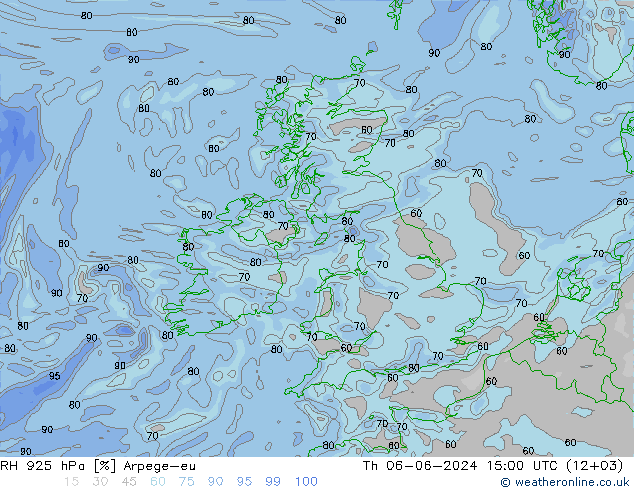 Humedad rel. 925hPa Arpege-eu jue 06.06.2024 15 UTC