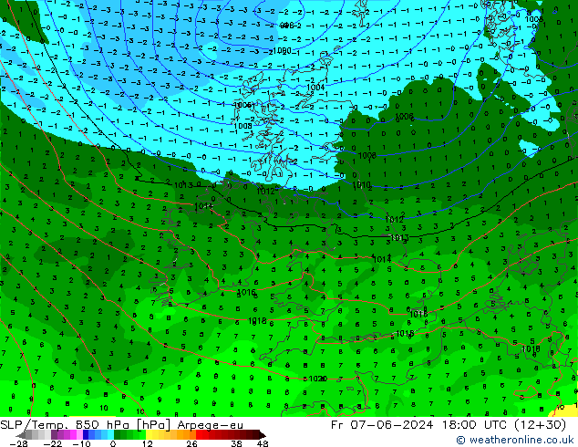 SLP/Temp. 850 гПа Arpege-eu пт 07.06.2024 18 UTC