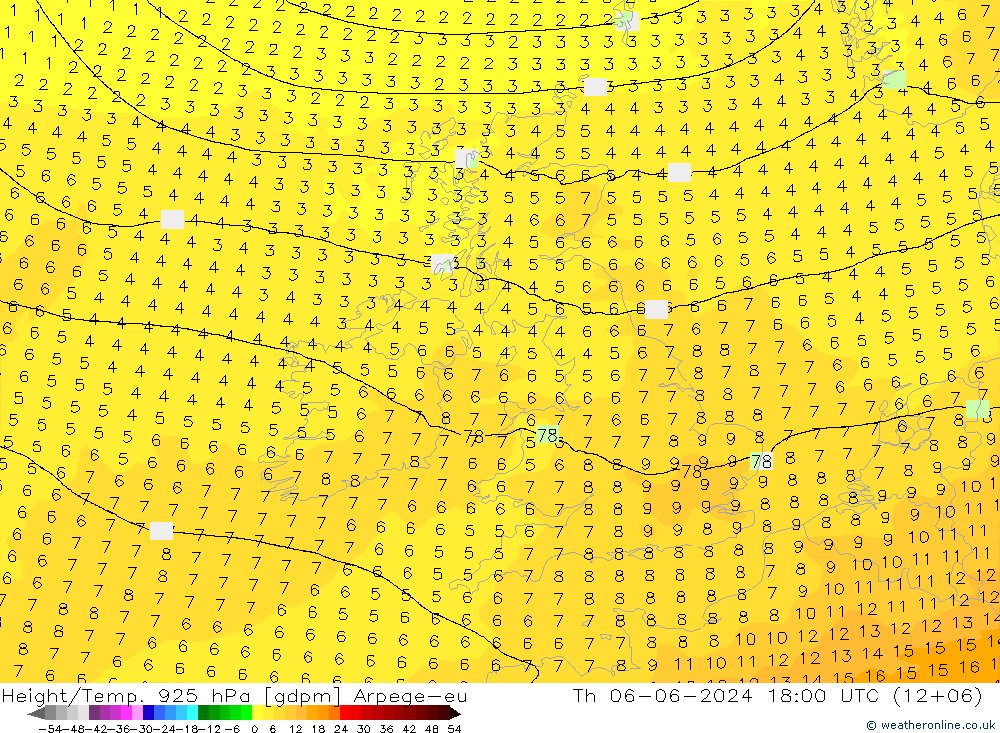 Height/Temp. 925 hPa Arpege-eu  06.06.2024 18 UTC