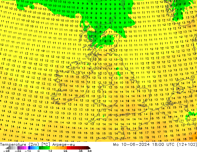 Temperatuurkaart (2m) Arpege-eu ma 10.06.2024 18 UTC