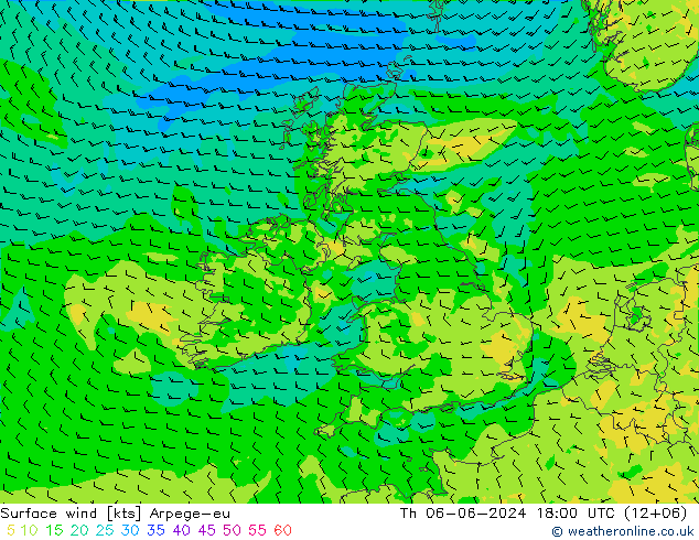 Surface wind Arpege-eu Čt 06.06.2024 18 UTC