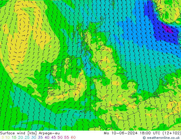 Surface wind Arpege-eu Mo 10.06.2024 18 UTC