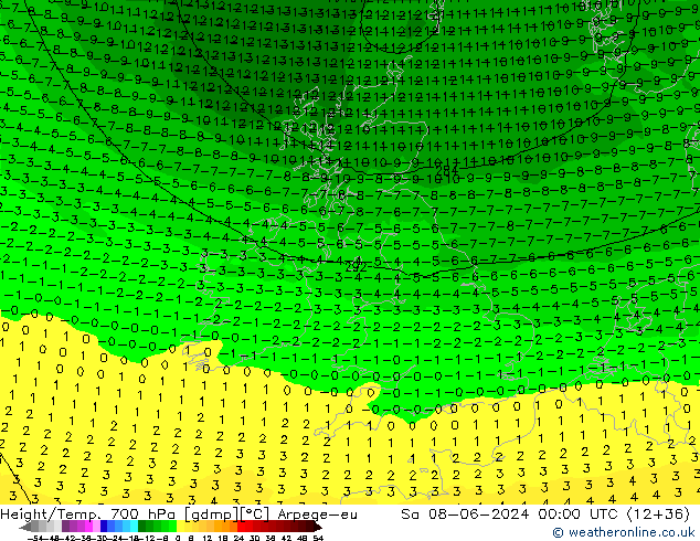 Height/Temp. 700 hPa Arpege-eu Sa 08.06.2024 00 UTC