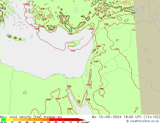 Max. wind velocity Arpege-eu Seg 10.06.2024 18 UTC