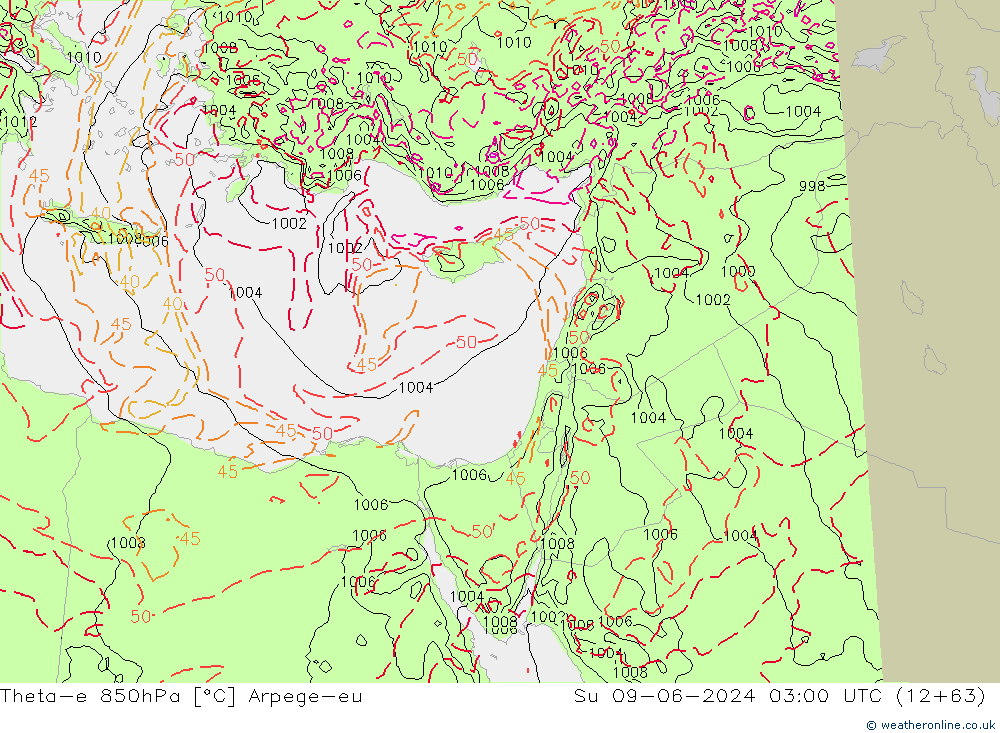 Theta-e 850hPa Arpege-eu  09.06.2024 03 UTC