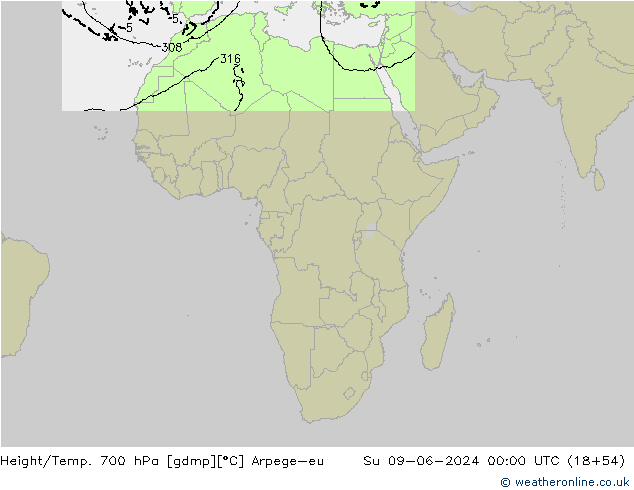 Geop./Temp. 700 hPa Arpege-eu dom 09.06.2024 00 UTC